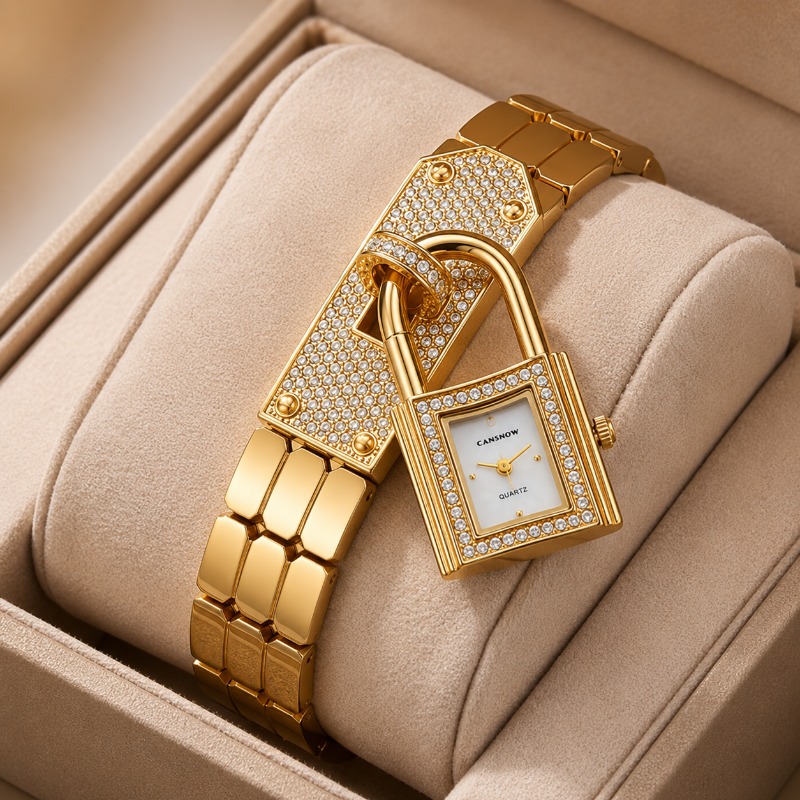 Mystery Jewelry Jar Watches - Gold Lock-Shaped Women's Watch Luxury Diamond